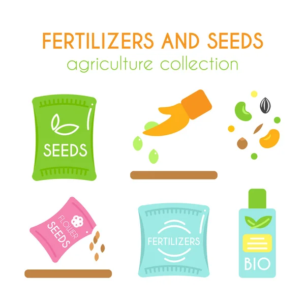 Απεικονίσεις λιπασμάτων διανύσματος. Σχεδιασμός συσκευασίας σπόρων. Ένα μπουκάλι βιολογικό λίπασμα. Συλλογή με επίπεδη καλλιέργεια. — Διανυσματικό Αρχείο