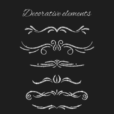 Gümüş metin bölücüler ayarlayın. Süs dekoratif elemanları. Vektör süslü elemanları tasarımı. Silvery gelişir. Glitter etkisi ile parlak dekoratif el çizilmiş sınırları.