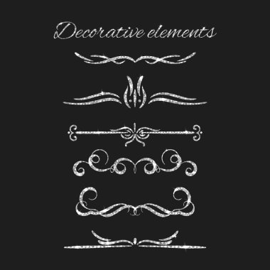 Gümüş metin bölücüler ayarlayın. Süs dekoratif elemanları. Vektör süslü elemanları tasarımı. Silvery gelişir. Glitter etkisi ile parlak dekoratif el çizilmiş sınırları.