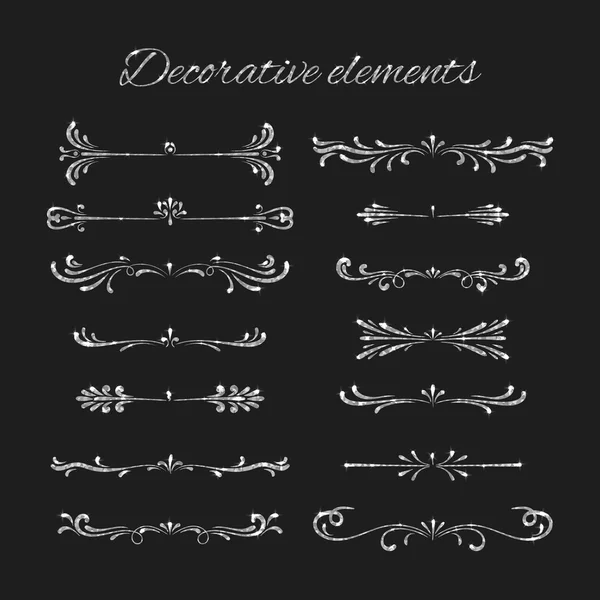 Set divisores de texto plateado. Elementos decorativos ornamentales. Diseño de elementos ornamentados vectoriales. Florece plateado. Brillantes bordes decorativos dibujados a mano con efecto brillo . — Vector de stock