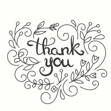 Teşekkür kartı. Elle çizilmiş tasarım yazı. Çiçekli tebrik kartı. Çizgi sanatı stili. Vektör çizim.