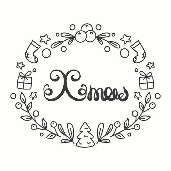 Vánoční karta Winter Holiday typografie. Handdrawn písma. Rám s prvky umění Vánoce linie. — Stockový vektor