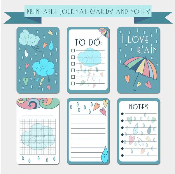 Printable notes, journal cards, labels, memo with hand drawn clo — Stock Vector