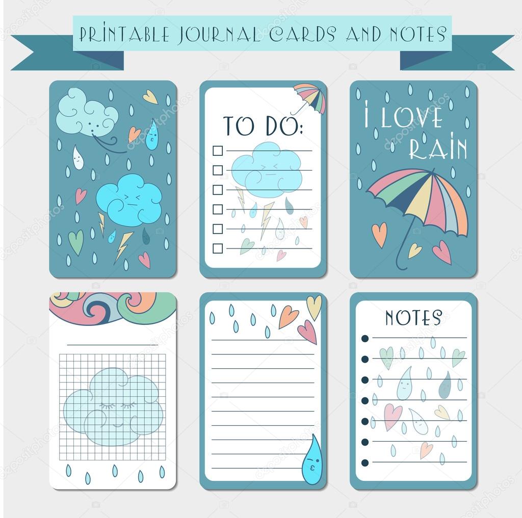 Printable notes, journal cards, labels, memo with hand drawn clo
