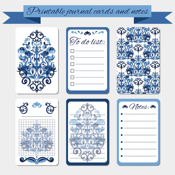 Notes imprimables, cartes de journal, étiquettes, avec ornements damassés bleus . — Image vectorielle