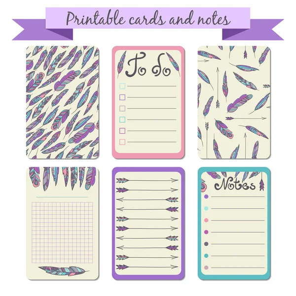 Tarjetas de diario para imprimir con plumas . — Vector de stock