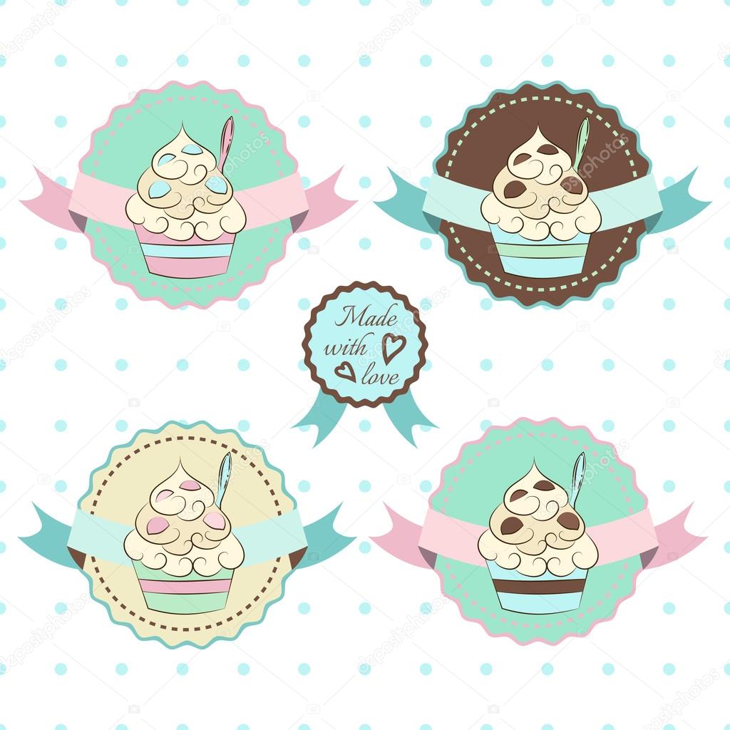 Frozen yogurt logo. Cute hand drawn stickers. Sweet cold desserts vector labels. Excellent to use for company logotype, advertising banners