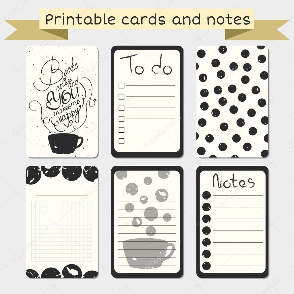 Printable journaling cards. Notes designs. Stylish to do list with cup of coffee illustration. Romantic quote.  Grunge vector design
