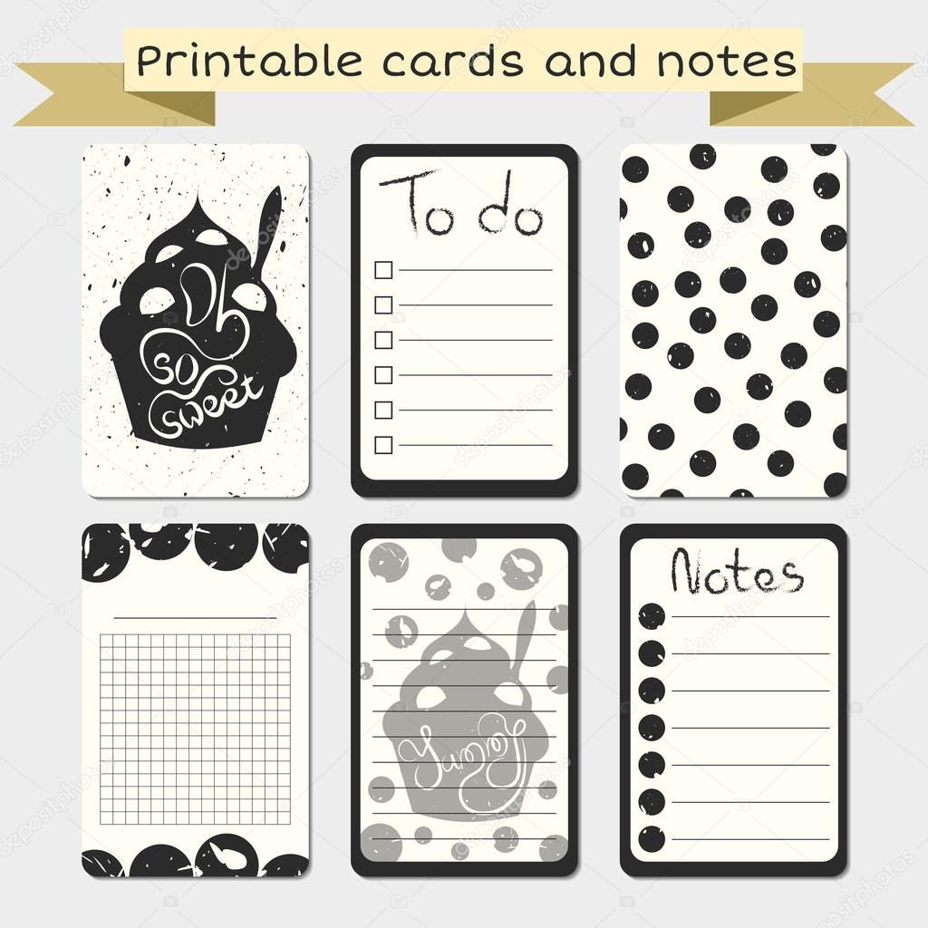 Printable journaling cards. Notes designs. Stylish to do list with sweeet dessert illustration. Grunge vector design