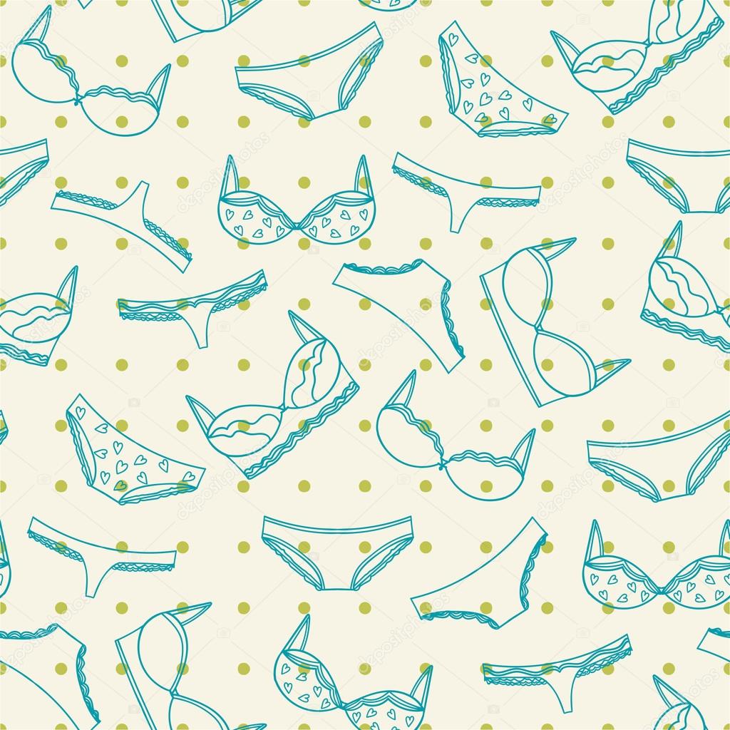 Underwear seamless pattern with green dots. Bras and panties illustration.