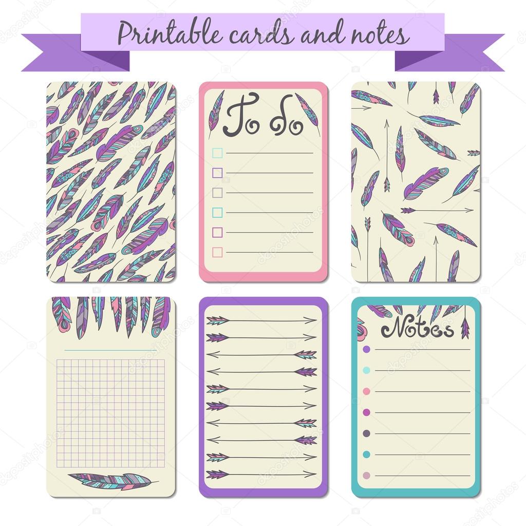 Printable journaling cards. Notes in bohemian style. To do list with feathers and arrows illustration. Trendy ethnic vector design