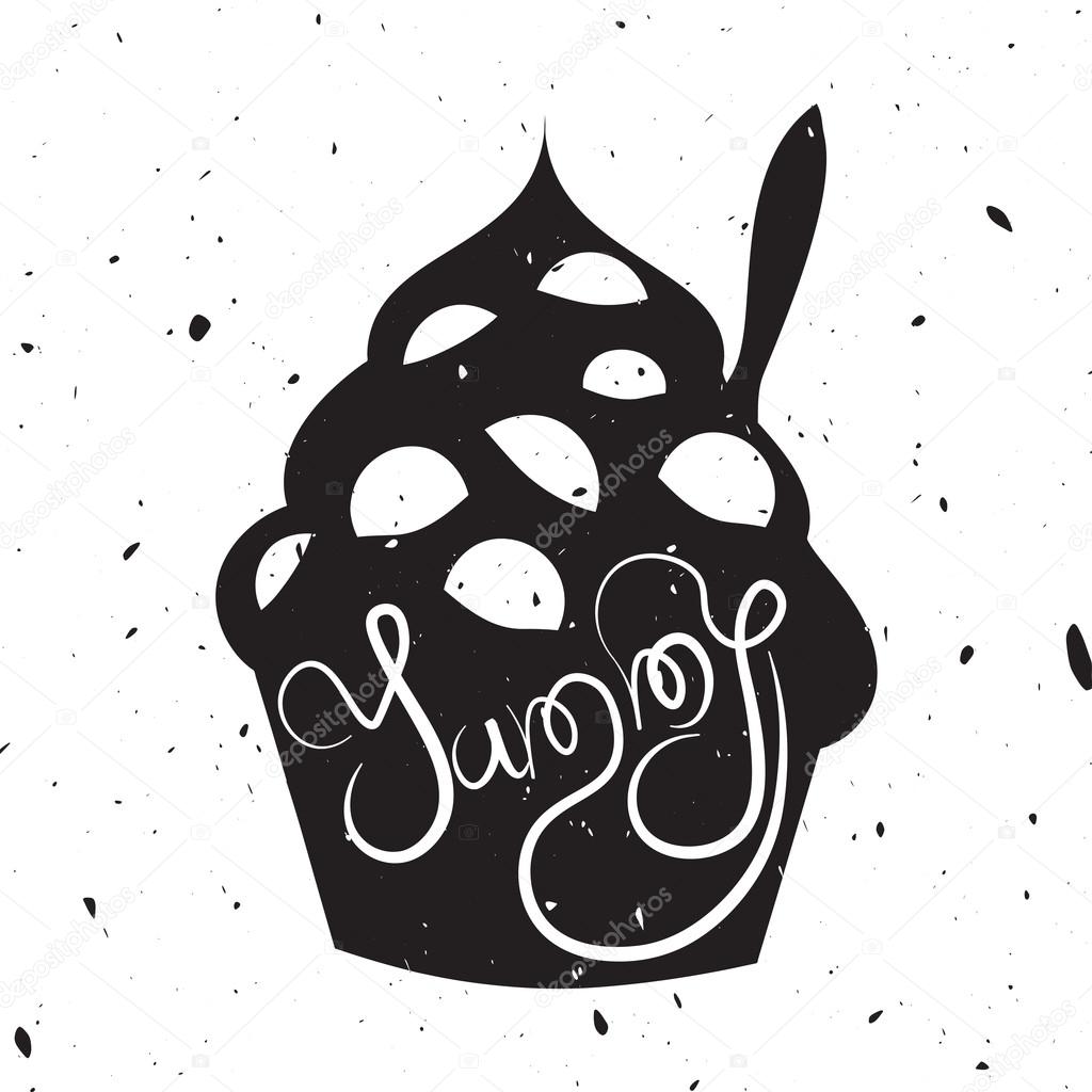 Vintage style card with frozen yogurt. Yummy vector text. Hipster style dessert illustration with grunge texture and quote.