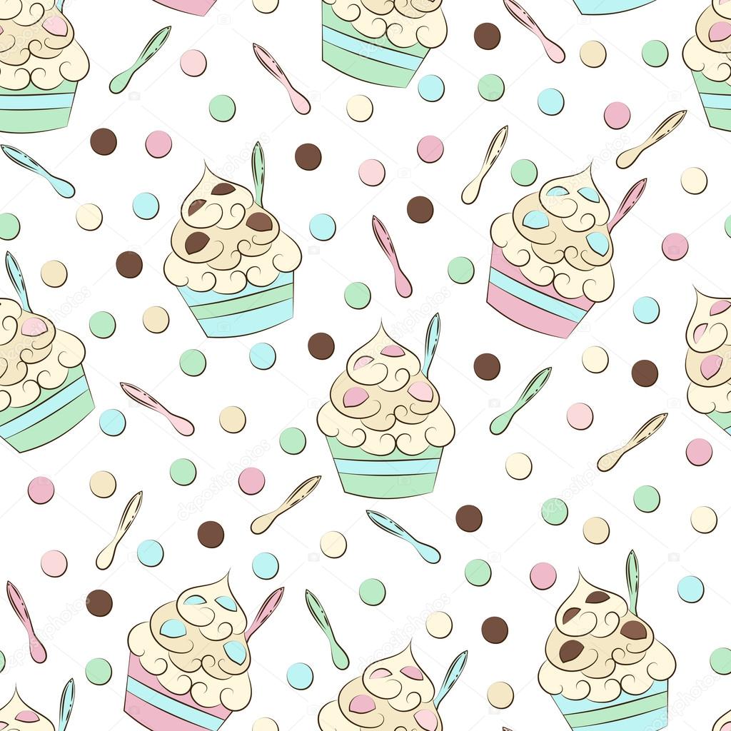 Cute seamless frozen yogurt pattern. Colorful dots and spoons. Sweet cold desserts vector design.