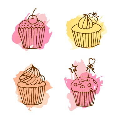 Vektör cupcake çizim. Renkli sıçraması ile 4 elle çizilmiş cupcakes kümesi.