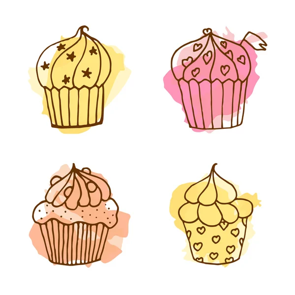 Ilustração de cupcake vetorial. Conjunto de 4 cupcakes desenhados à mão com salpicos coloridos . — Vetor de Stock