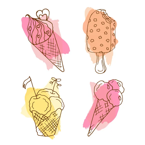 Ilustração do doodle do gelo do vetor. Conjunto de 4 sorvetes desenhados à mão com salpicos coloridos . — Vetor de Stock