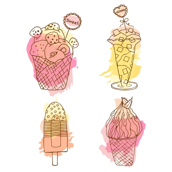 Vector icecream doodle illustration. Set of 4 hand drawn icecreams with colorful splashes. — Stock Vector