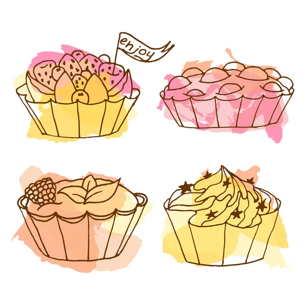 Torten Vektor Illustration. Doodle-Kuchen mit Spritzer-Hintergrund. Umrisse Desserts Set. — Stockvektor