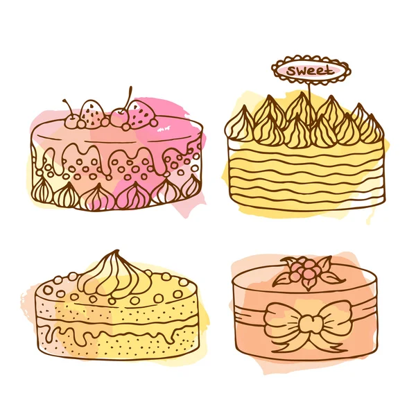 Ilustración de pastel vectorial. Set de 4 pasteles dibujados a mano con coloridas salpicaduras de acuarela. Pasteles con crema y bayas . — Vector de stock