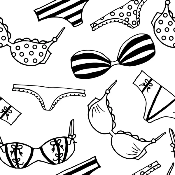 Padrão sem costura Lingerie. Projeto de fundo de roupa interior vetorial. Delinear ilustração desenhada à mão. Sutiãs e calcinhas moda doodle . — Vetor de Stock