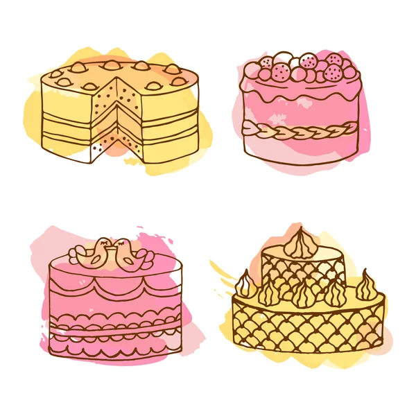 Ilustração de bolo vetorial. Conjunto de 4 bolos desenhados à mão com salpicos coloridos de aquarela. Bolos com creme e bagas . — Vetor de Stock