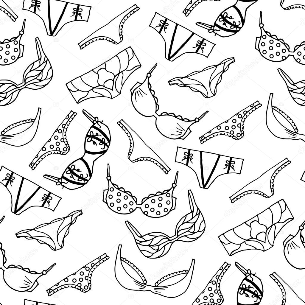 Lingerie seamless pattern. Vector underwear background design. Outline hand drawn illustration. Bras and panties fashion doodle.