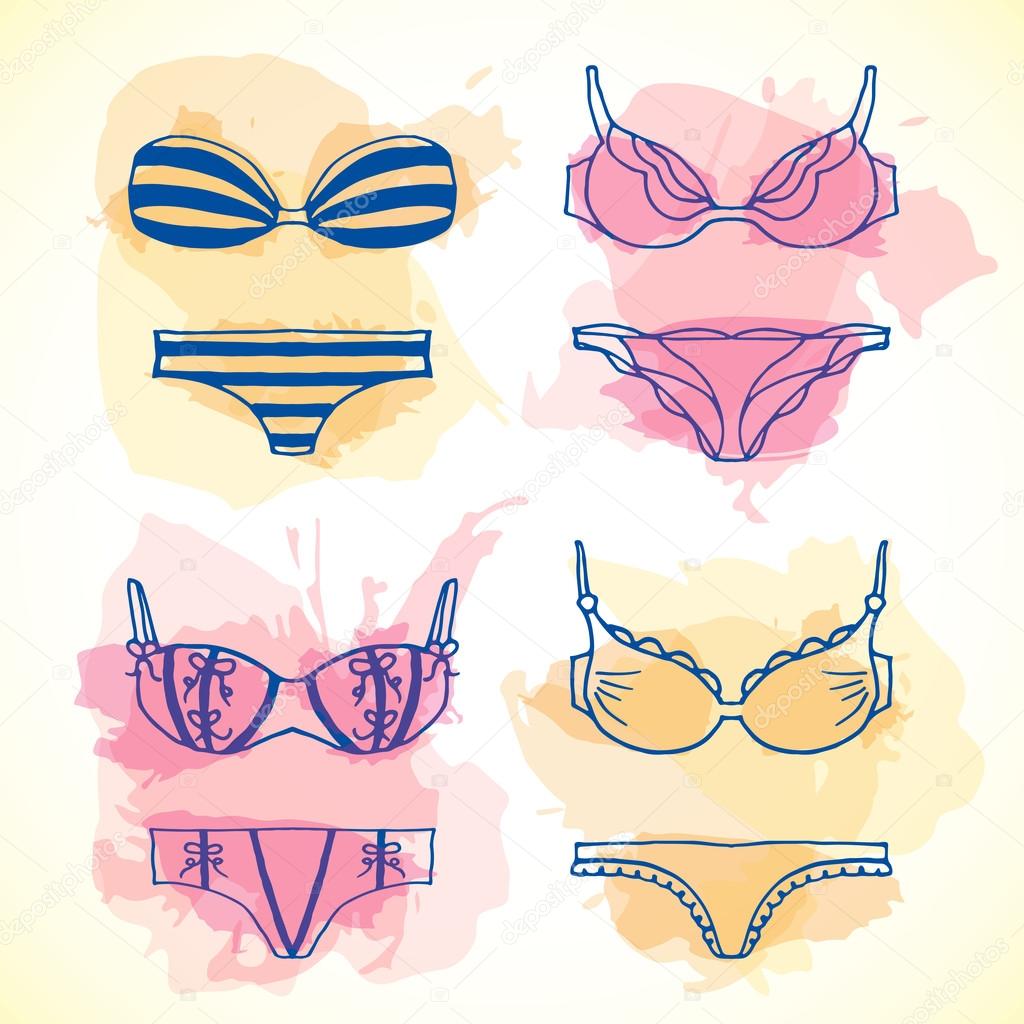 Lingerie hand drawn set. Vector underwear design. Outline illustration with splashes on background. Bras and panties doodle style.