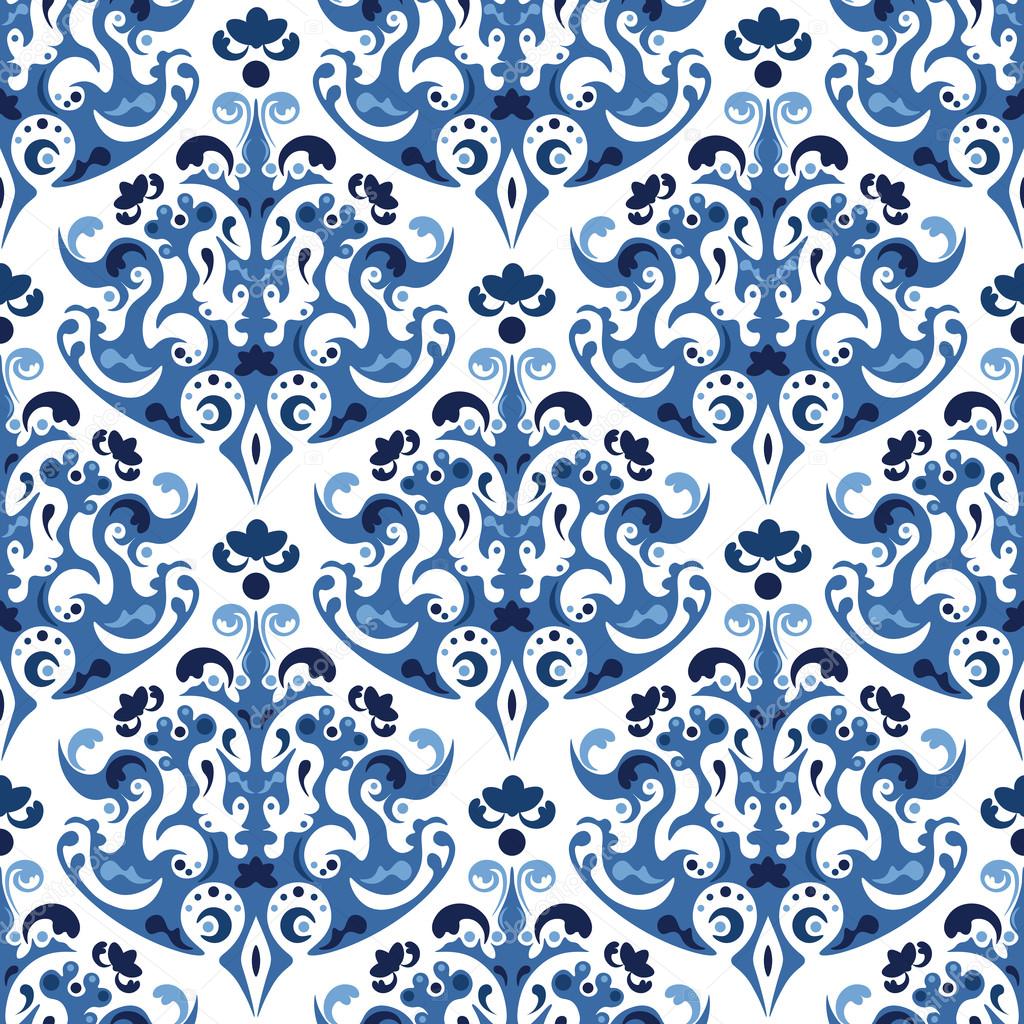 Seamless blue pattern. Vector background with ethnic ornaments. Gzhel style design.