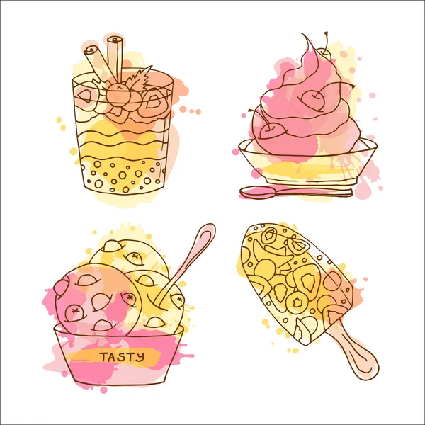 Icecream doodle vectorillustratie. Set van 4 hand getrokken ijsjes met kleurrijke spatten. — Stockvector