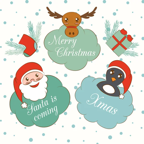 Conjunto de elementos de dibujos animados lindo Navidad y Año Nuevo. Etiquetas y marcos dibujados a mano para su texto. Santa sonriente . — Archivo Imágenes Vectoriales