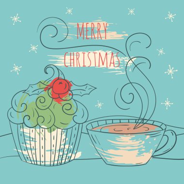 Neşeli Noel kartı. Kış vektör Illustration Kupası ile çay ve kek. Xmas tasarım metniniz için el çekilmiş.