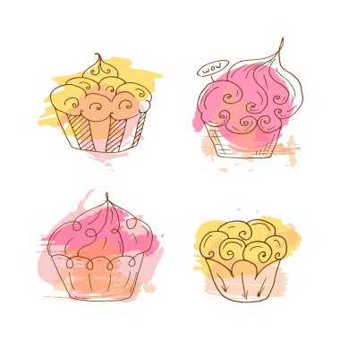 Vektör cupcake çizim. Renkli sıçraması ile 4 elle çizilmiş cupcakes kümesi. Doodle kek krem ve çilek ile.