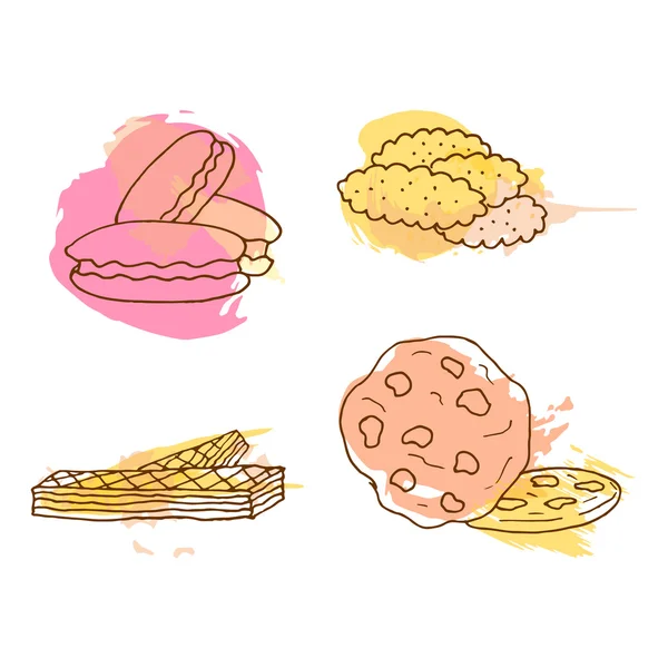 Illustrazione dei biscotti vettoriali. Set di 4 biscotti disegnati a mano con spruzzi colorati . — Vettoriale Stock