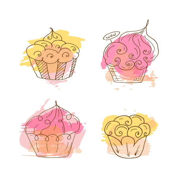Ilustração de cupcake vetorial. Conjunto de 4 cupcakes desenhados à mão com salpicos coloridos. Bolos de doodle com creme e bagas . — Vetor de Stock