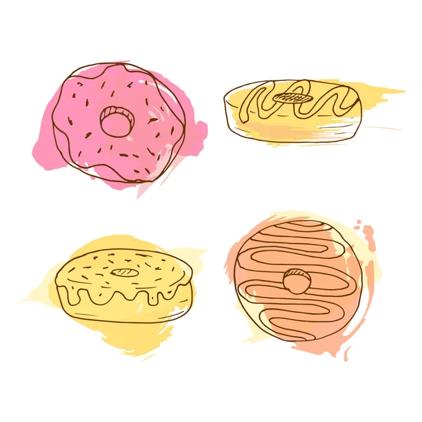 Ilustração de donut vetorial. Conjunto de 4 donuts desenhados à mão com salpicos coloridos de aquarela. Coleção de doces . — Vetor de Stock