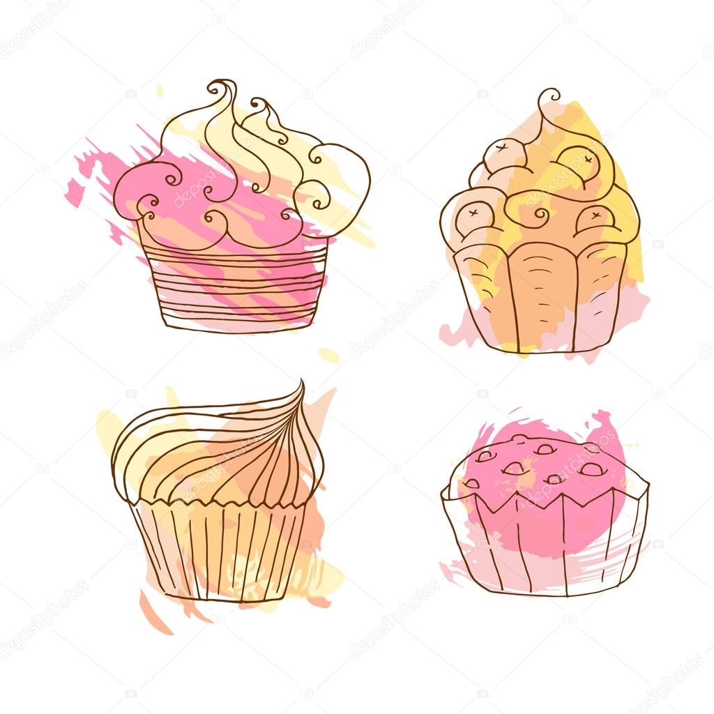 Vector cupcake illustration. Set of 4 hand drawn cupcakes with colorful splashes. Doodle cakes with cream and berries.