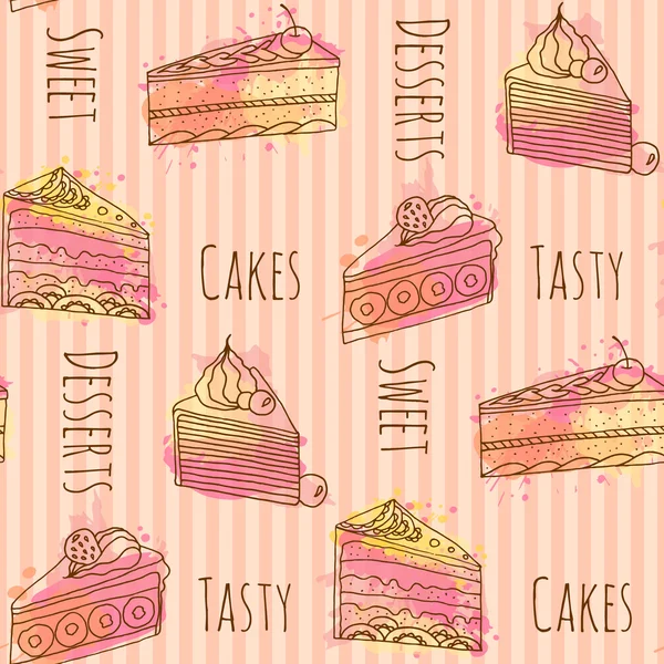 Vektorkuchen-Illustration. Set von 4 handgezeichneten Kuchen mit bunten Aquarellspritzern. nahtloses Muster. — Stockvektor