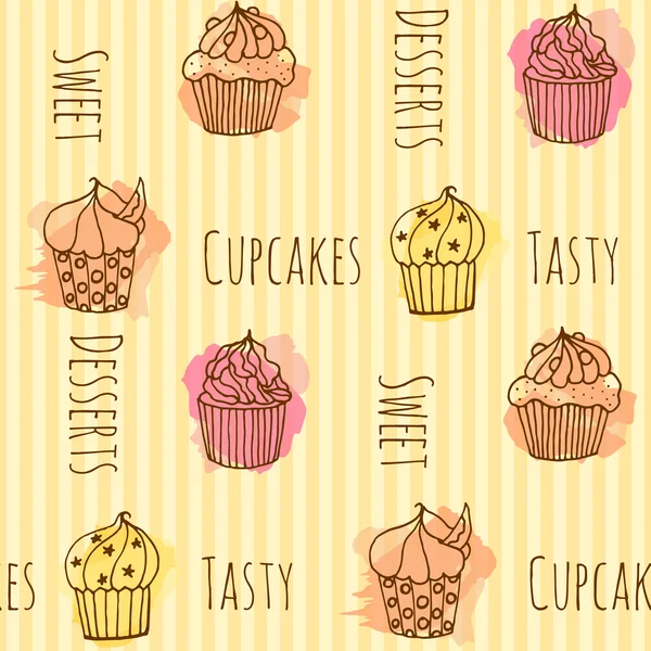 Naadloze patroon met cupcake vectorillustratie. Set van 4 hand getrokken cupcakes met kleurrijke spatten. — Stockvector