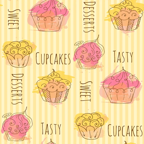 Modèle sans couture avec illustration vectorielle de cupcake. Lot de 4 cupcakes dessinés à la main avec éclaboussures colorées . — Image vectorielle