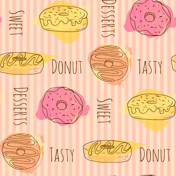 Vektor Donut Illustration. handgezeichnete Donuts mit bunten Aquarellspritzern. nahtloses Muster. — Stockvektor