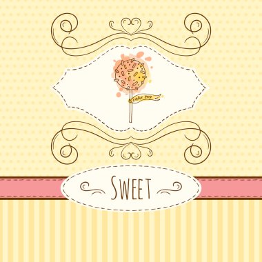 Pasta illüstrasyon. Vektör suluboya sıçraması ile çizilmiş kartı ver. Tatlı lekeli ve çizgili tasarım. Davetiye kartı şablonu.