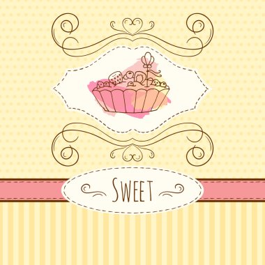 Tart illüstrasyon. Vektör suluboya sıçraması ile çizilmiş kartı ver. Tatlı lekeli ve çizgili tasarım. Davetiye kartı şablonu.