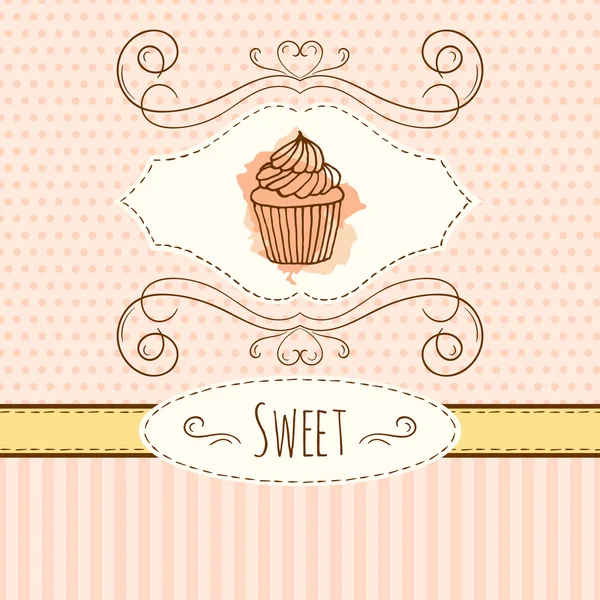 Cupcake Illustration. Vektor handgezeichnete Karte mit Aquarell-Spritzern. Tupfen und Streifen im Design. Vorlage Einladungskarte. — Stockvektor