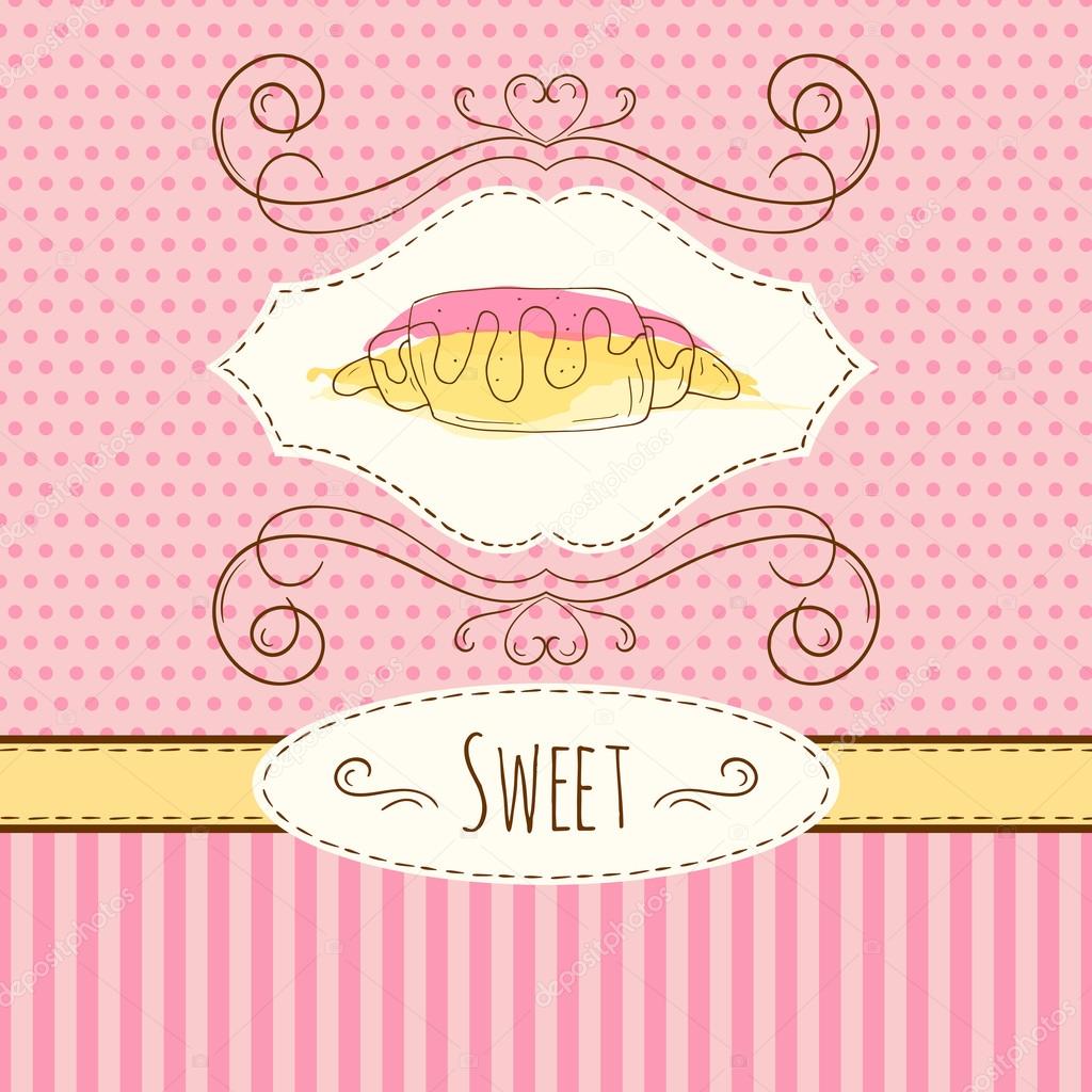 Pastry illustration. Vector hand drawn card with watercolor splashes. Polka dots and stripes design. Invitation card template.