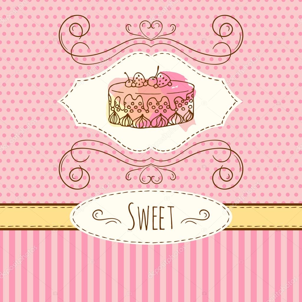 Cake illustration. Vector hand drawn card with watercolor splashes. Sweet polka dots and stripes design. Invitation card template.
