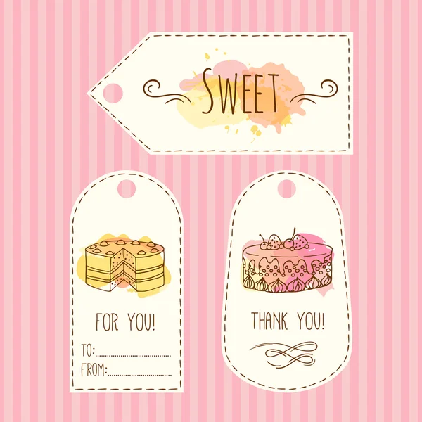 Tags with cake illustration. Vector hand drawn labes set with watercolor splashes. — Stock Vector