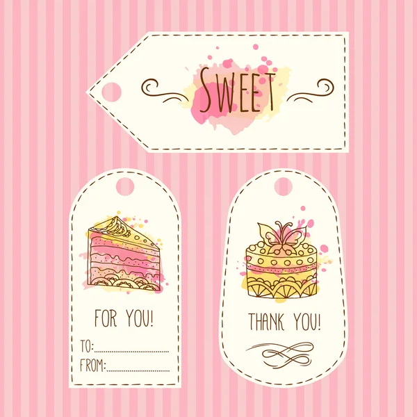 Tags with cake illustration. Vector hand drawn labes set with watercolor splashes. — Stock Vector