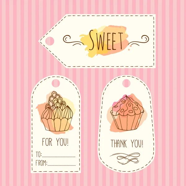 Tags mit Cupcake Illustration. Vektor handgezeichnete Labels Set mit Aquarellspritzern. — Stockvektor