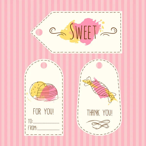 Tags with candy illustration. Vector hand drawn labels set with watercolor splashes. Sweet vector candies design. — Stock Vector