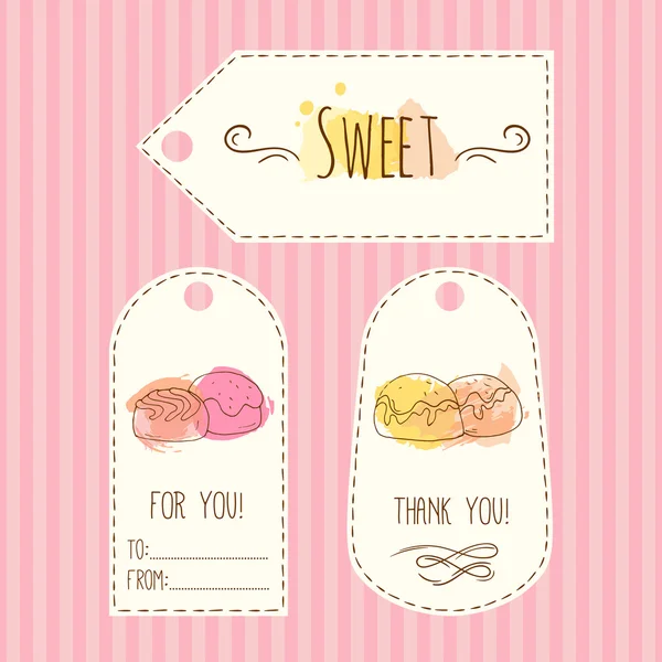 Tags with candy illustration. Vector hand drawn labels set with watercolor splashes. Sweet vector candies design. — Stock Vector